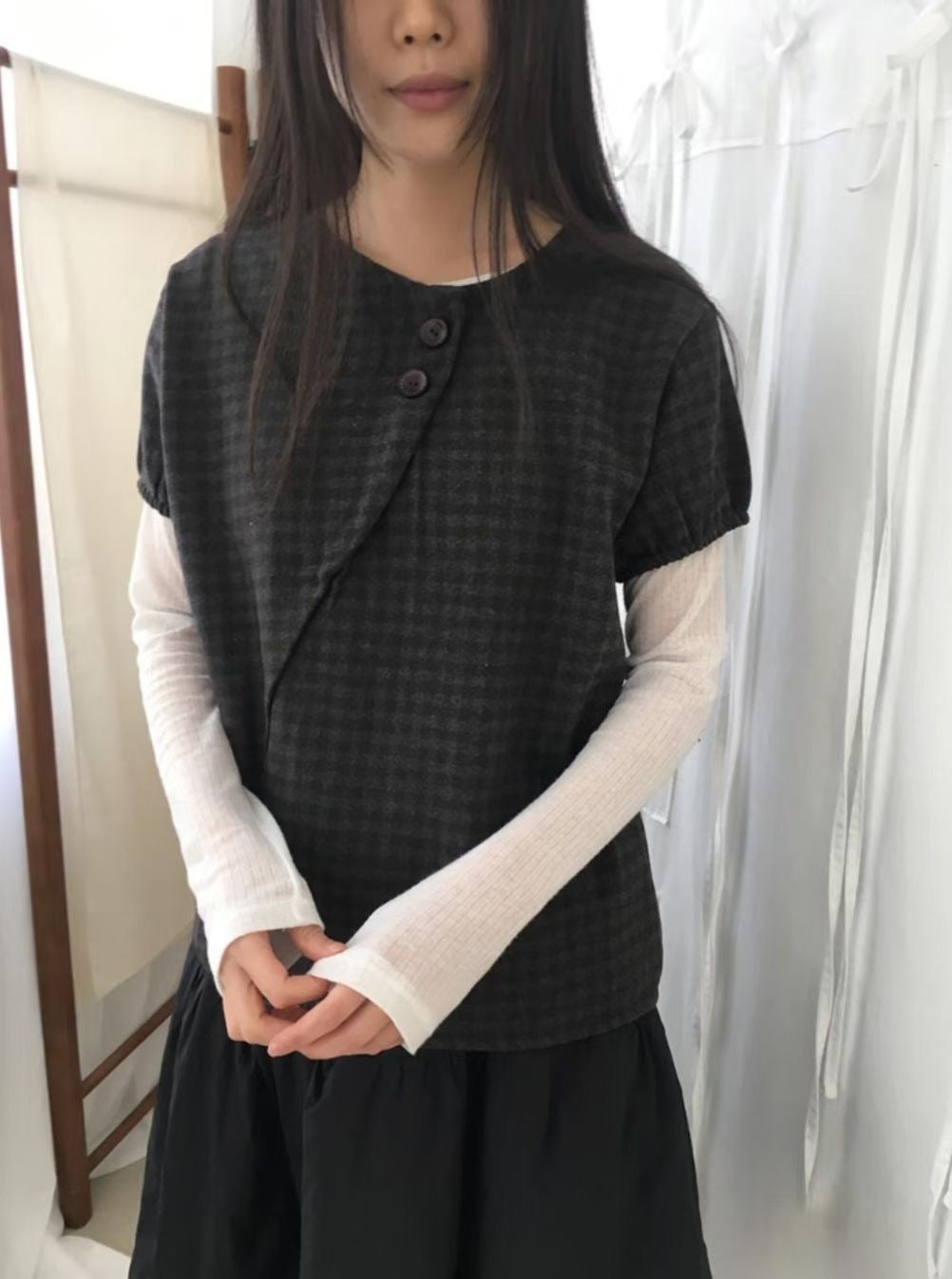 復古薄絨泡泡袖TOP - TP598