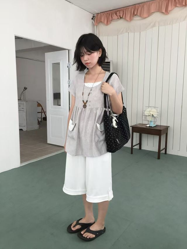 棉麻假兩件短袖ops - OA676