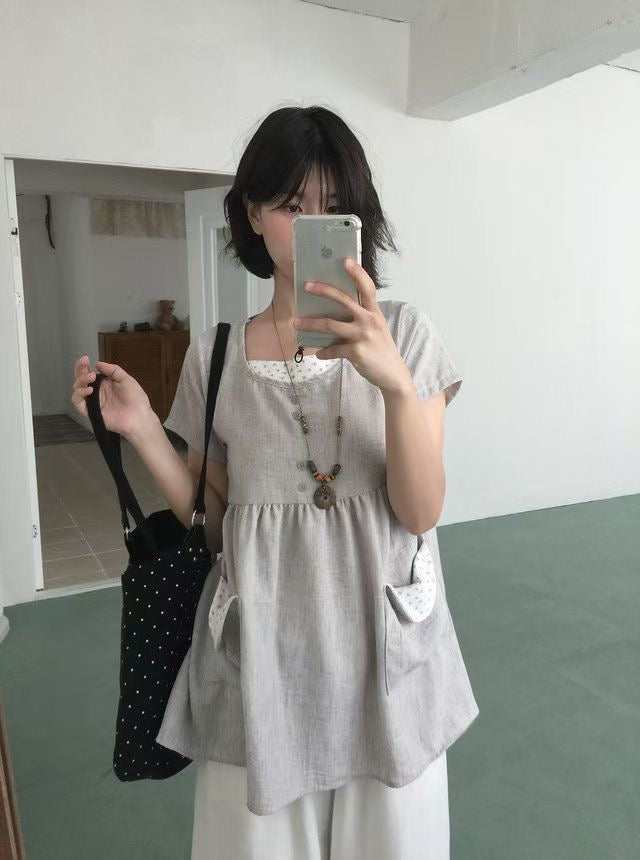 棉麻假兩件短袖ops - OA676