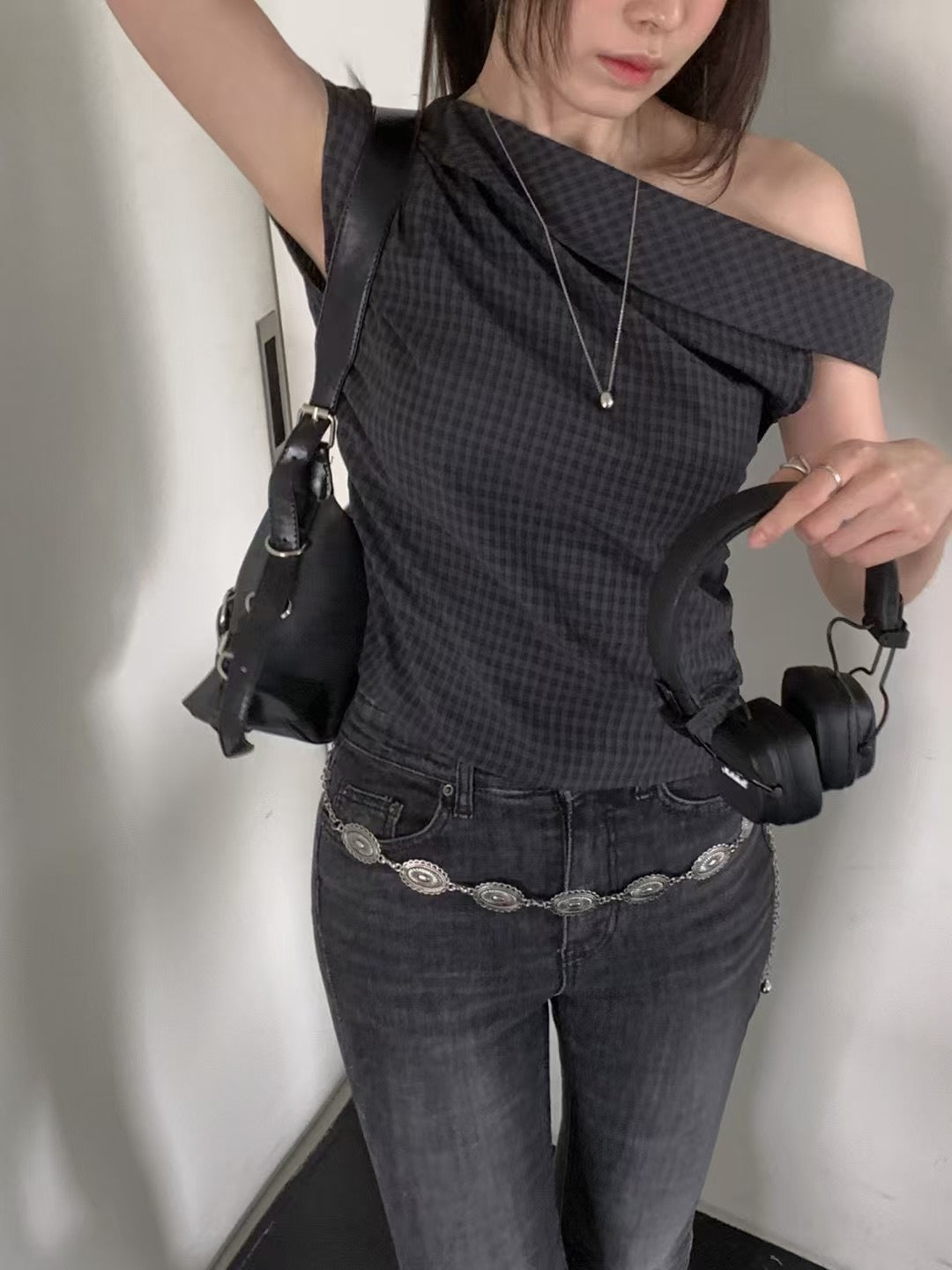 格仔斜肩露膊top - TP627