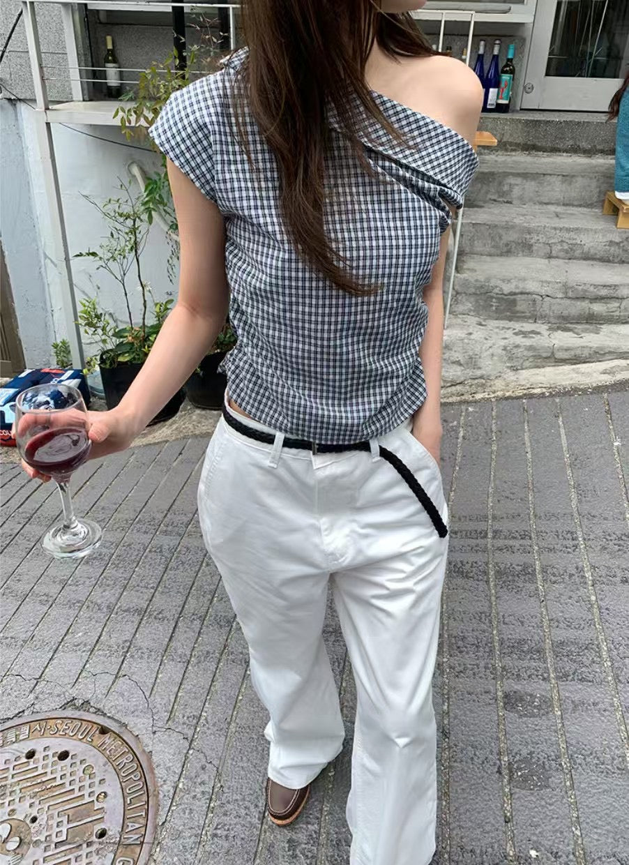 格仔斜肩露膊top - TP627