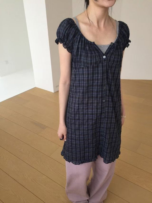 復古格仔泡泡袖ops - OA622