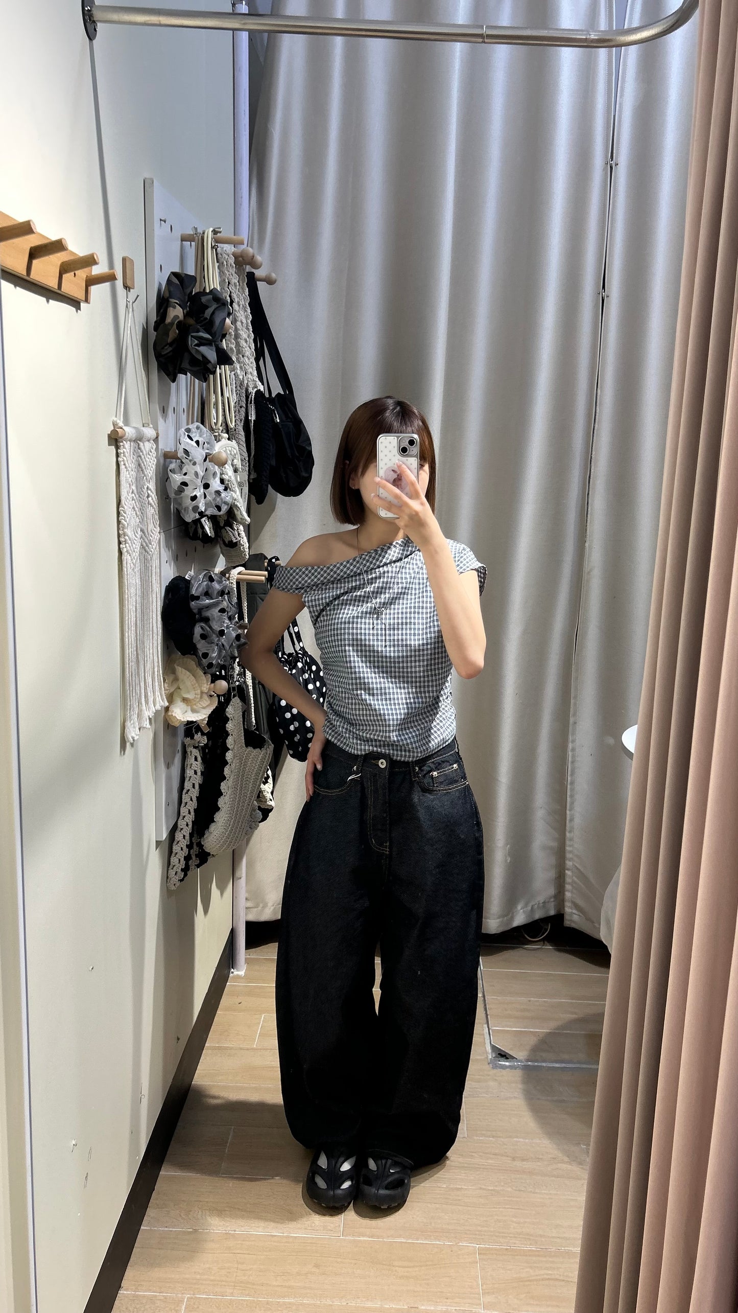 格仔斜肩露膊top - TP627