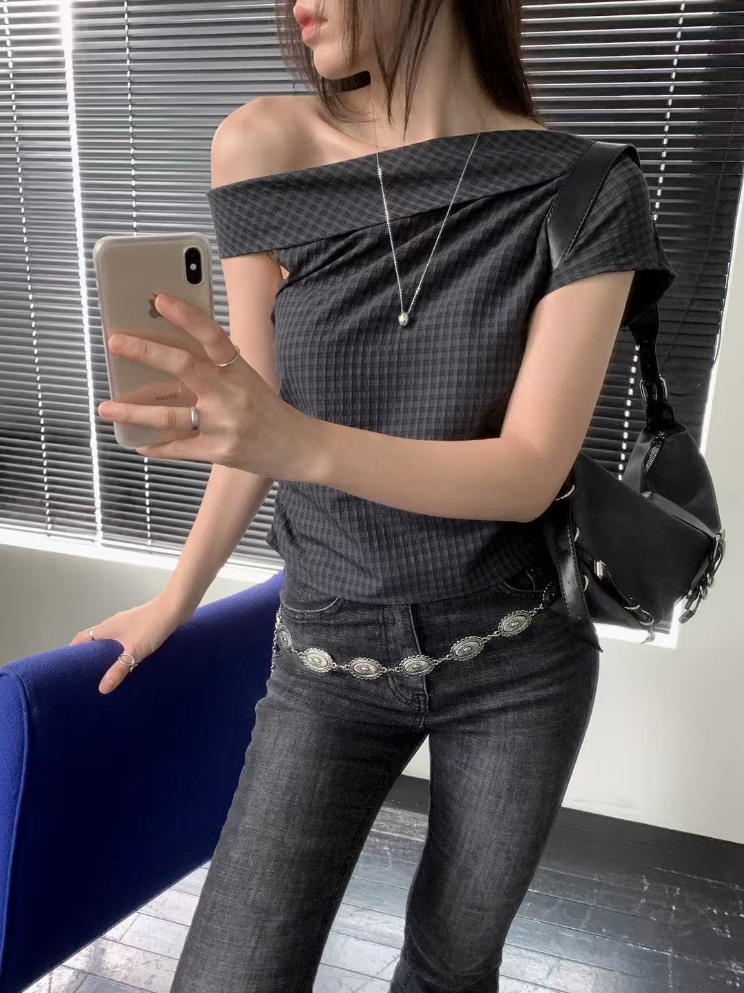 格仔斜肩露膊top - TP627