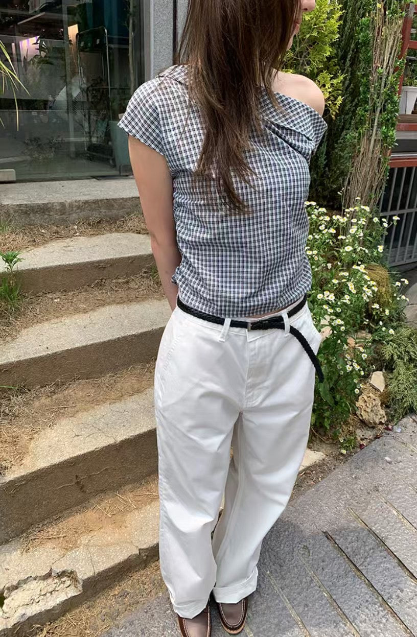 格仔斜肩露膊top - TP627