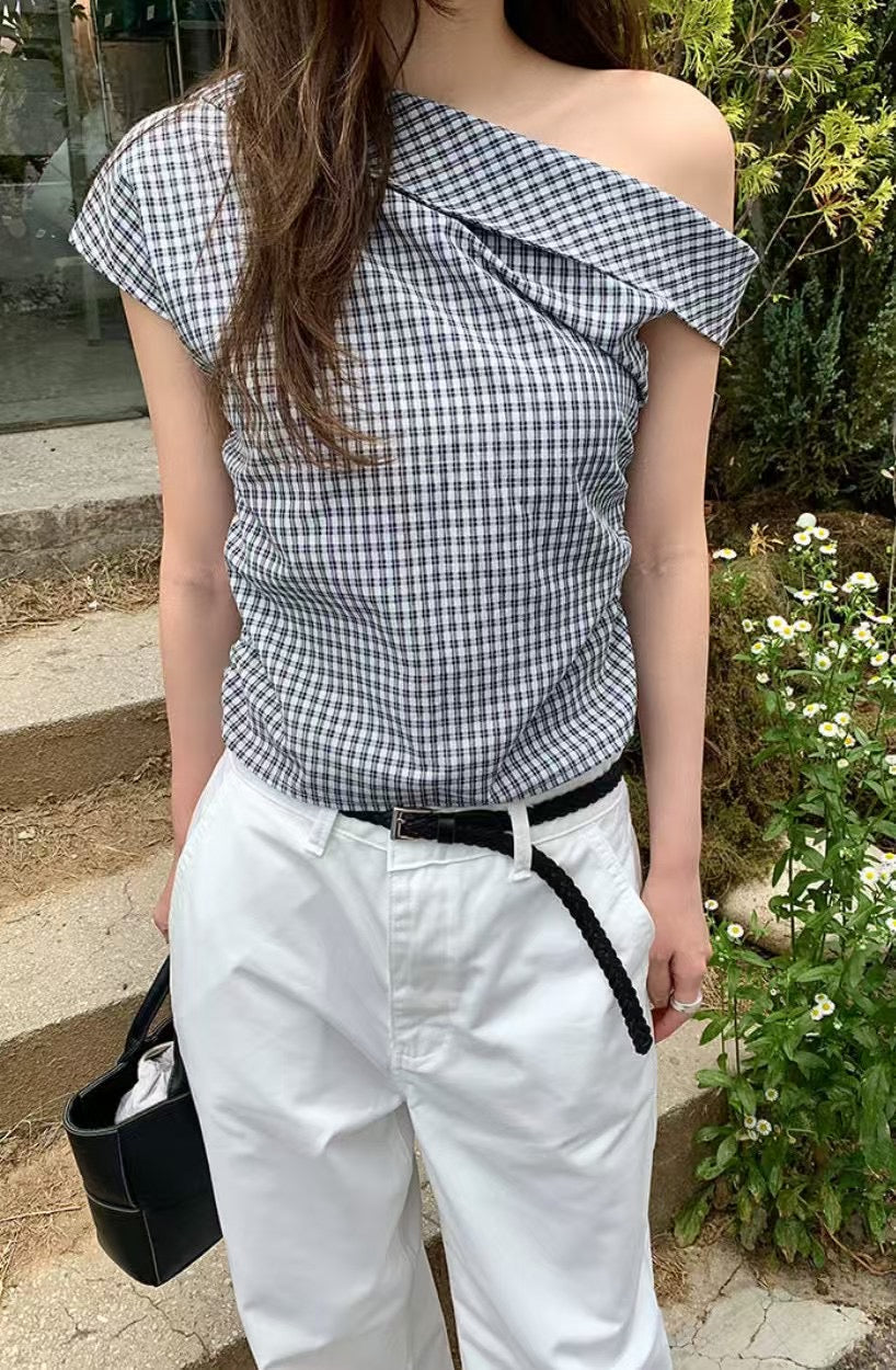 格仔斜肩露膊top - TP627