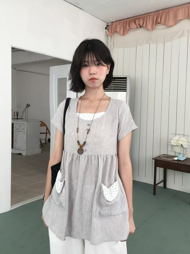 棉麻假兩件短袖ops - OA676