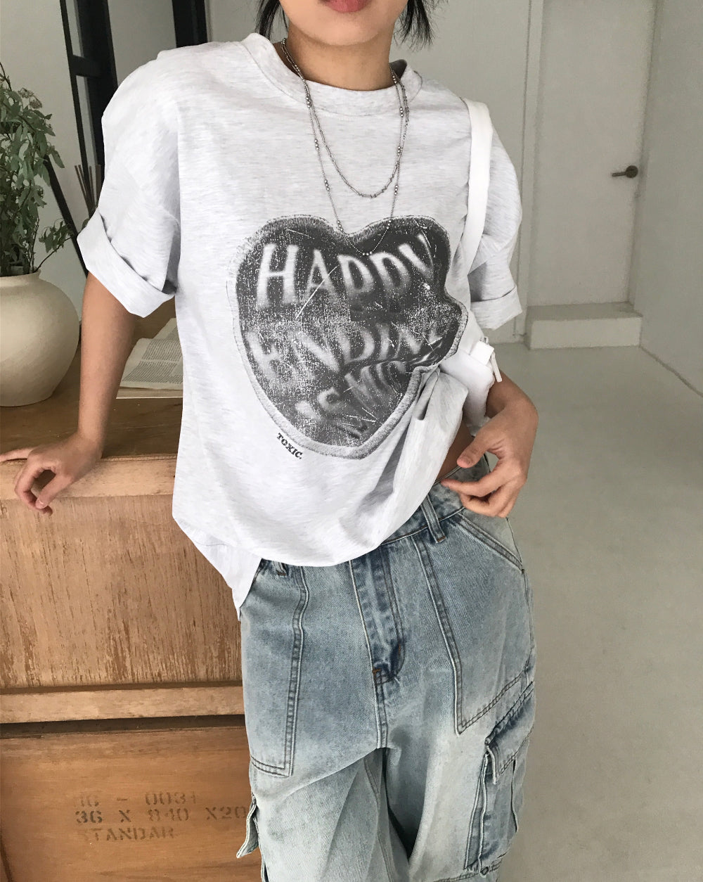 Unisex Vintage 甩色心心print tee - TP562