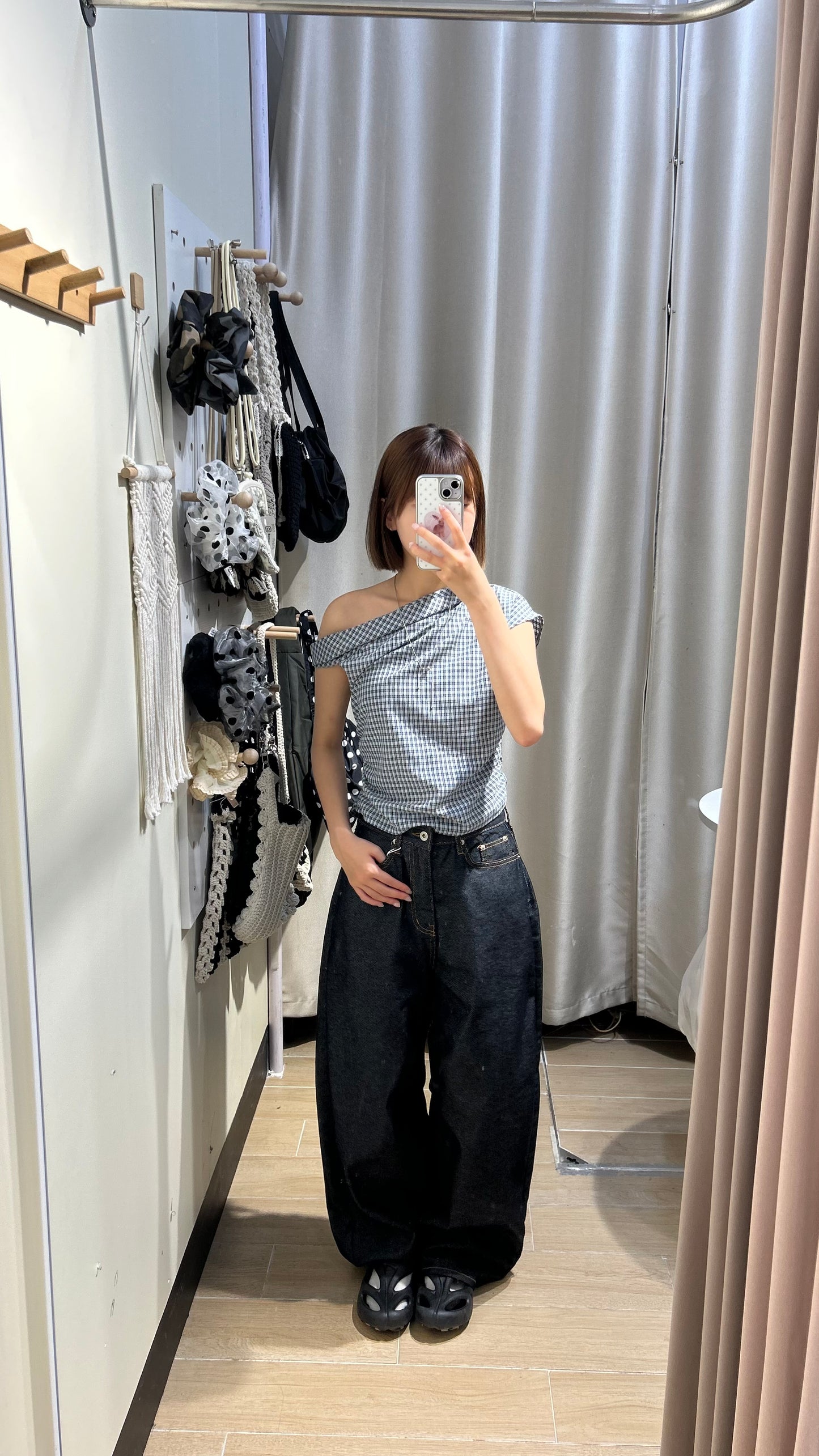 格仔斜肩露膊top - TP627