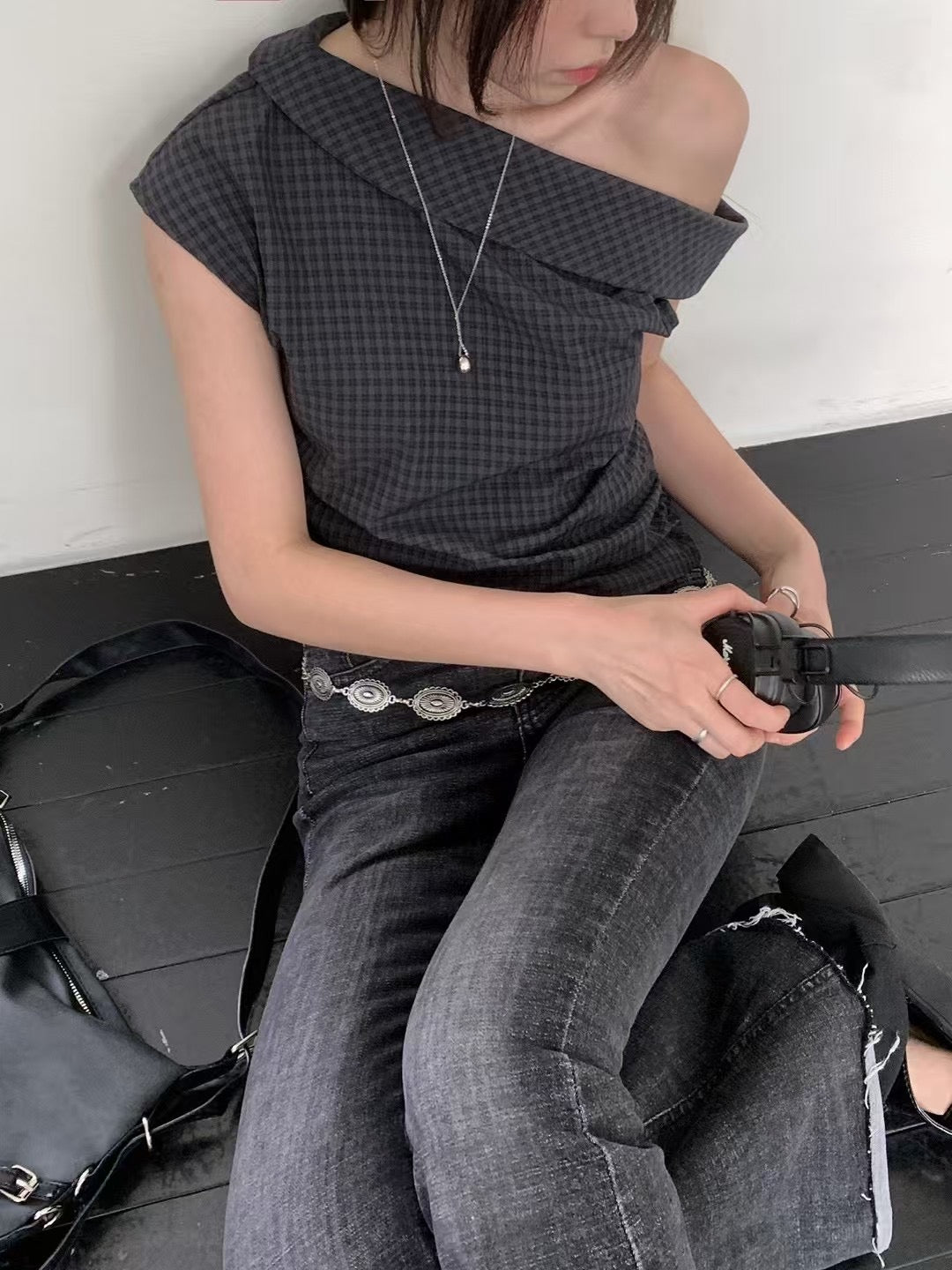 格仔斜肩露膊top - TP627