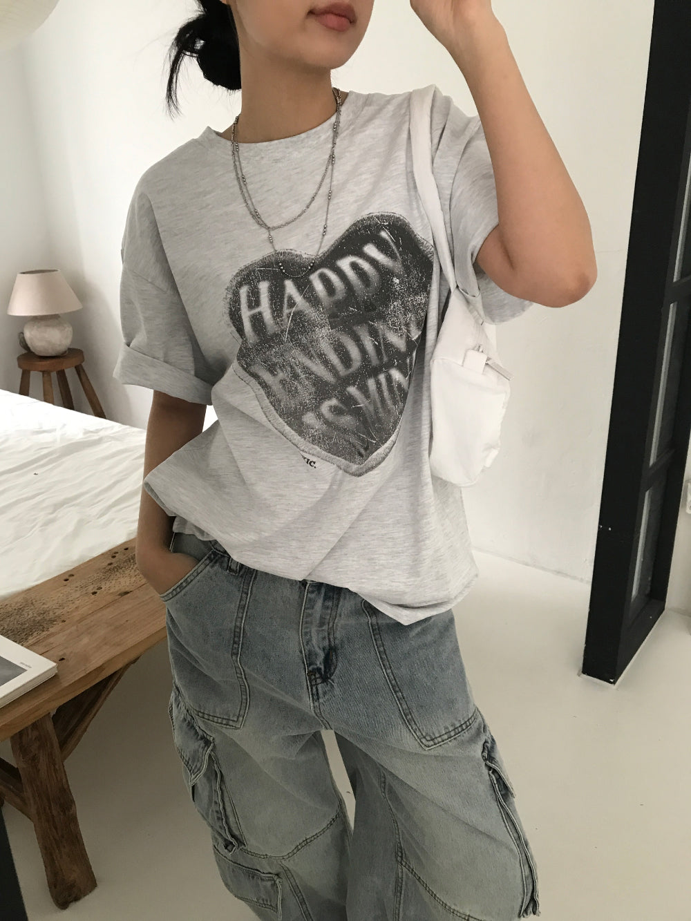 Unisex Vintage 甩色心心print tee - TP562