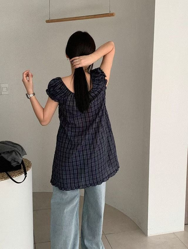 復古格仔泡泡袖ops - OA622
